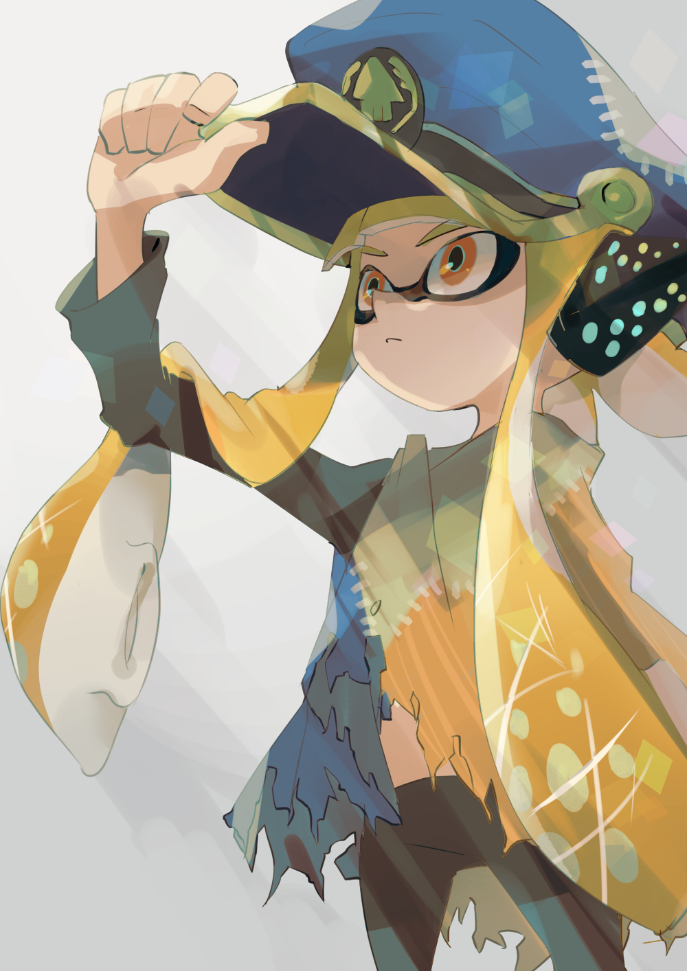 1girl agent_3_(splatoon) blonde_hair blue_hat closed_mouth cowboy_shot frown hand_on_headwear hat headgear highres inkling inkling_girl inkling_player_character koike3582 long_hair long_sleeves orange_eyes patchwork_clothes peaked_cap poncho solo splatoon_(series) splatoon_3 suction_cups tentacle_hair torn_clothes very_long_hair