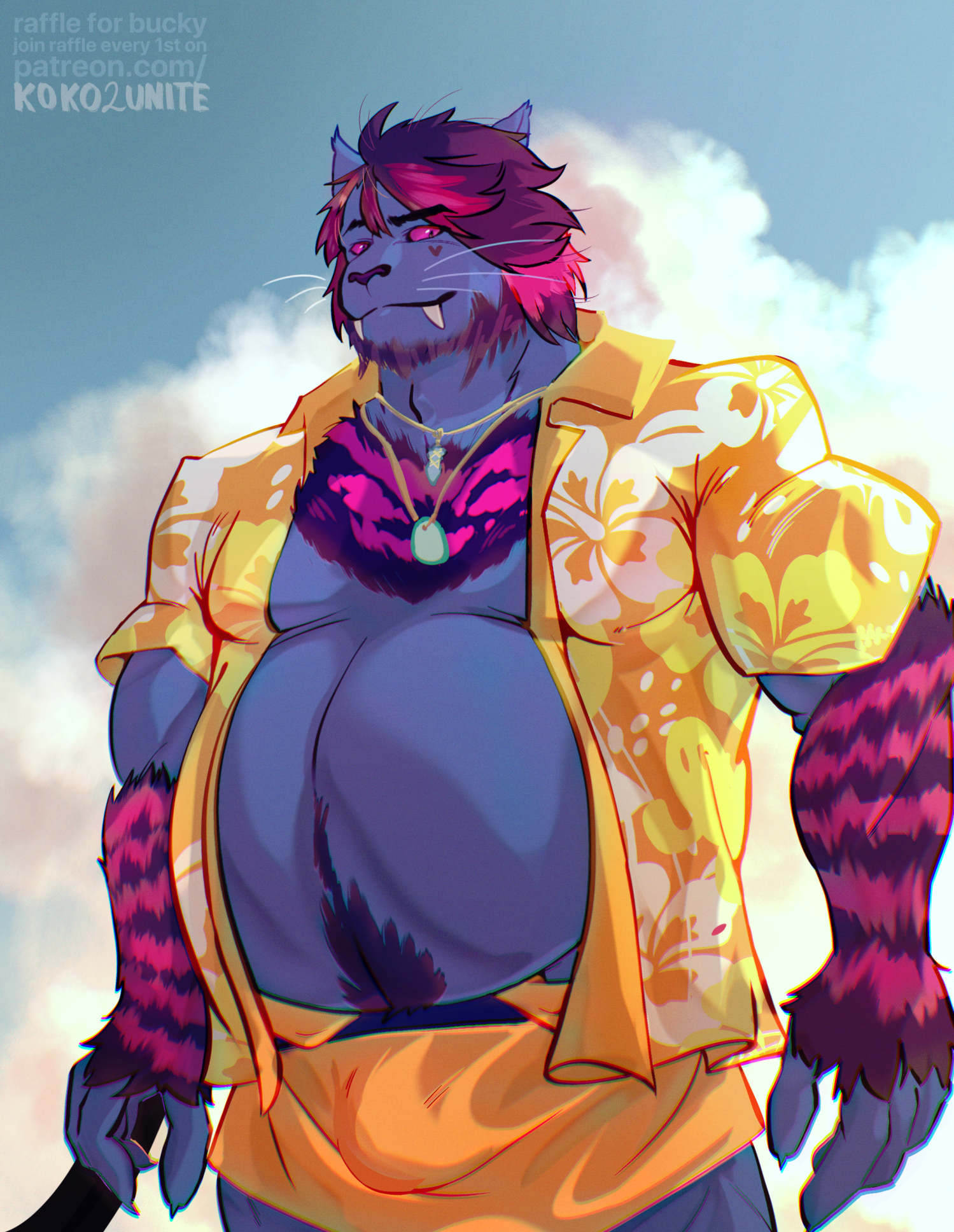 2023 2024 abs aloha_shirt anthro arm_tuft athletic athletic_anthro athletic_male barazoku beard belly big_butt big_muscles biped black_eyes blue_body blue_fur blue_hair body_hair bottomwear bulge butt casual_clothing chair chest_fur chest_hair chest_tuft claws clothed clothing digital_media_(artwork) eyebrows facial_hair fangs felid final_fantasy final_fantasy_xiv finger_claws fingers fur fur_markings furniture hair hairy happy_trail hi_res hrothgar huge_muscles indigo_fur jewelry koko2unite loincloth looking_at_viewer male mammal mane markings mature_male multicolored_body multicolored_fur musclegut muscular muscular_anthro muscular_arms muscular_male navel necklace pattern_clothing pattern_shirt pattern_topwear pecs pink_body pink_fur pubes red_eyes shirt sky solo solo_focus square_enix standing striped_body striped_fur stripes teeth topwear tuft whiskers white_hair