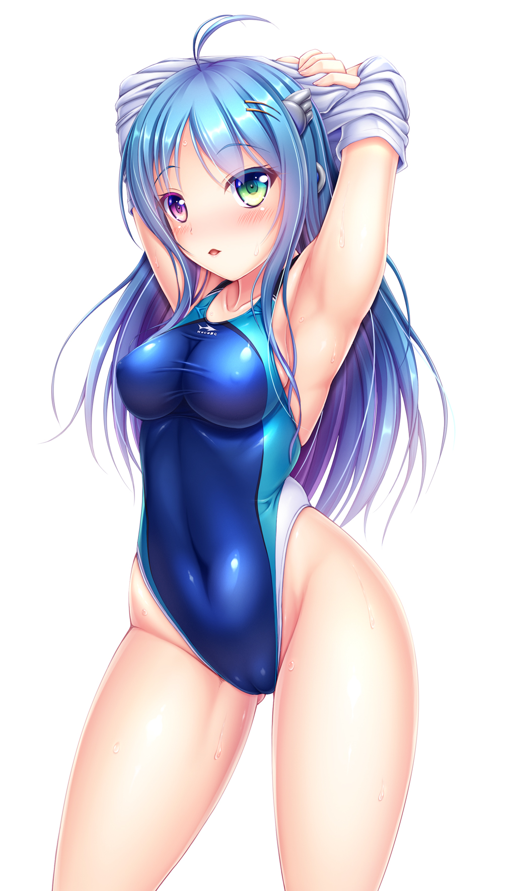 1girl ahoge armpits arms_up blue_hair blue_swimsuit blush competition_swimsuit covered_navel cowboy_shot erect_nipples eyebrows_visible_through_hair green_eyes hair_ornament heterochromia highleg highleg_swimsuit highres hiro_(725611) long_hair one-piece_swimsuit open_mouth original pink_eyes shiny shiny_hair simple_background skin_tight solo standing sweatdrop swimsuit undressing white_background