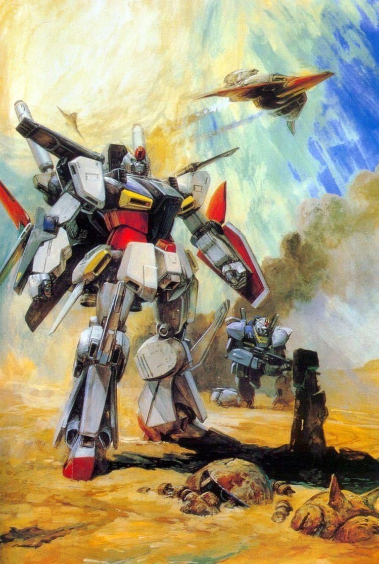 1980s_(style) beam_cannon beam_rifle cloud core_fighter damaged desert dirty energy_gun flying gundam gundam_mk_ii gundam_zz mecha no_humans official_art painting_(medium) production_art promotional_art retro_artstyle robot sand scan science_fiction shield shoulder_spikes smoke spikes takani_yoshiyuki traditional_media weapon wreckage zaku_ii zz_gundam