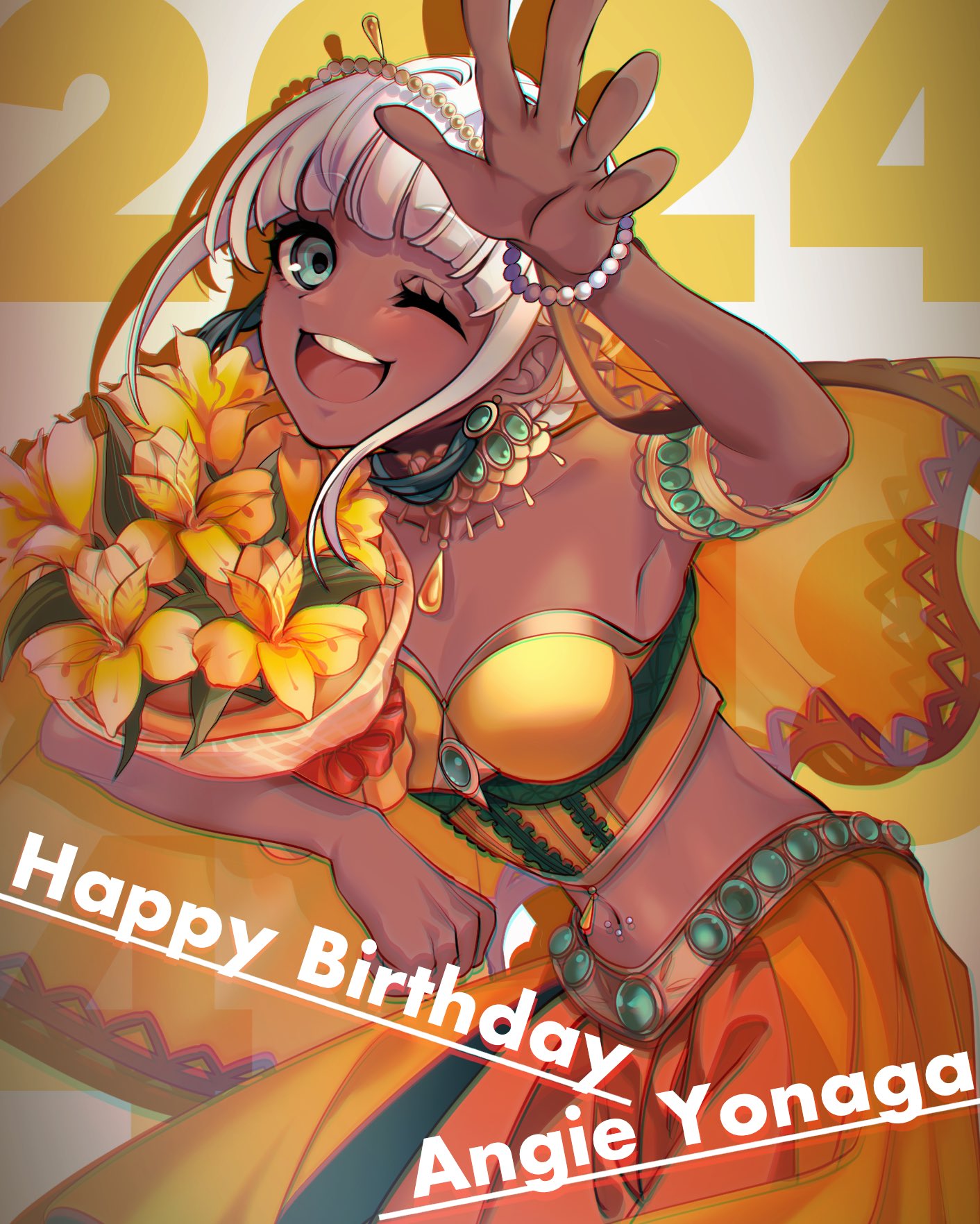 1girl :d bouquet character_name danganronpa_(series) danganronpa_10th_anniversary_costume danganronpa_v3:_killing_harmony dark-skinned_female dark_skin grey_hair happy happy_birthday highres holding holding_bouquet long_hair looking_at_viewer navel nota_sayaka official_alternate_costume open_mouth smile solo yonaga_angie