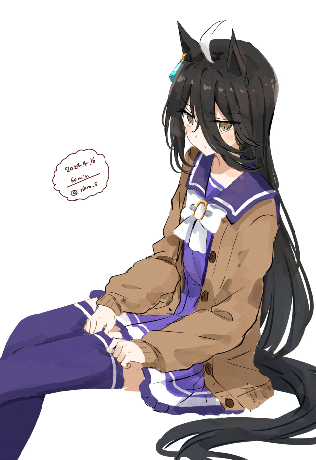 1girl animal_ears antenna_hair artist_name black_hair bow bowtie brown_eyes brown_sweater dated dress earrings horse_ears horse_girl horse_tail jewelry long_hair looking_to_the_side manhattan_cafe_(umamusume) multicolored_hair ninjin_nouka piercing purple_dress purple_sailor_collar purple_thighhighs sailor_collar school_uniform simple_background single_earring sitting solo streaked_hair sweater tail thighhighs tracen_school_uniform umamusume white_background white_bow white_bowtie white_hair