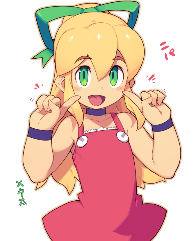 1girl bare_shoulders blonde_hair commentary_request fingers_to_cheeks flat_chest green_eyes hair_ribbon long_hair mega_man_(classic) mega_man_(series) metata open_mouth ponytail red_skirt redrawn ribbon roll_(mega_man) simple_background skirt smile solo white_background