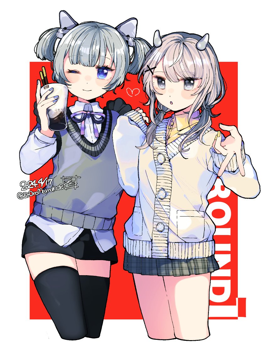 2girls alternate_costume blue_eyes cardigan collared_shirt cowboy_shot cup eto_(etonomemo1008) fake_horns grey_eyes grey_hair hair_ornament holding holding_cup horned_headwear horns i-201_(kancolle) i-36_(kancolle) kantai_collection long_hair long_sleeves microskirt multiple_girls one_eye_closed shirt skirt thighhighs twintails vest white_cardigan x_hair_ornament
