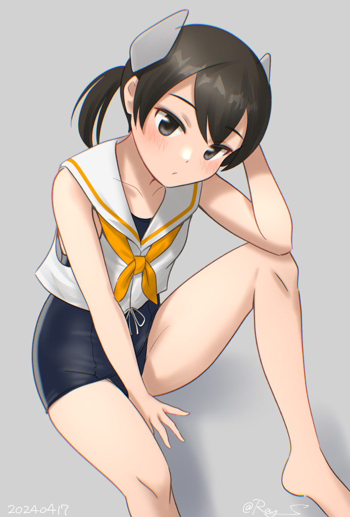 black_eyes black_hair black_one-piece_swimsuit blush grey_background headgear i-41_(kancolle) kantai_collection looking_at_viewer neckerchief one-piece_swimsuit orange_neckerchief ray.s sailor_collar sailor_shirt school_swimsuit shirt short_hair sleeveless sleeveless_shirt solo swimsuit swimsuit_under_clothes white_sailor_collar