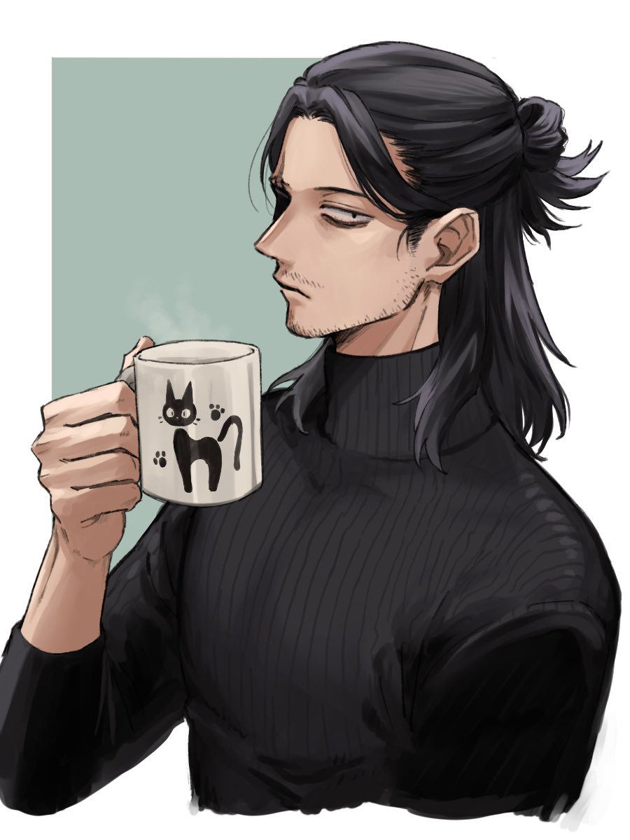 1boy bags_under_eyes black_hair black_sweater boku_no_hero_academia border closed_mouth cropped_torso cup eraser_head_(boku_no_hero_academia) facial_hair goatee highres holding holding_cup long_sleeves looking_at_viewer male_focus mug mustache_stubble ribbed_sweater rnuyvm solo sparse_stubble stubble sweater white_border