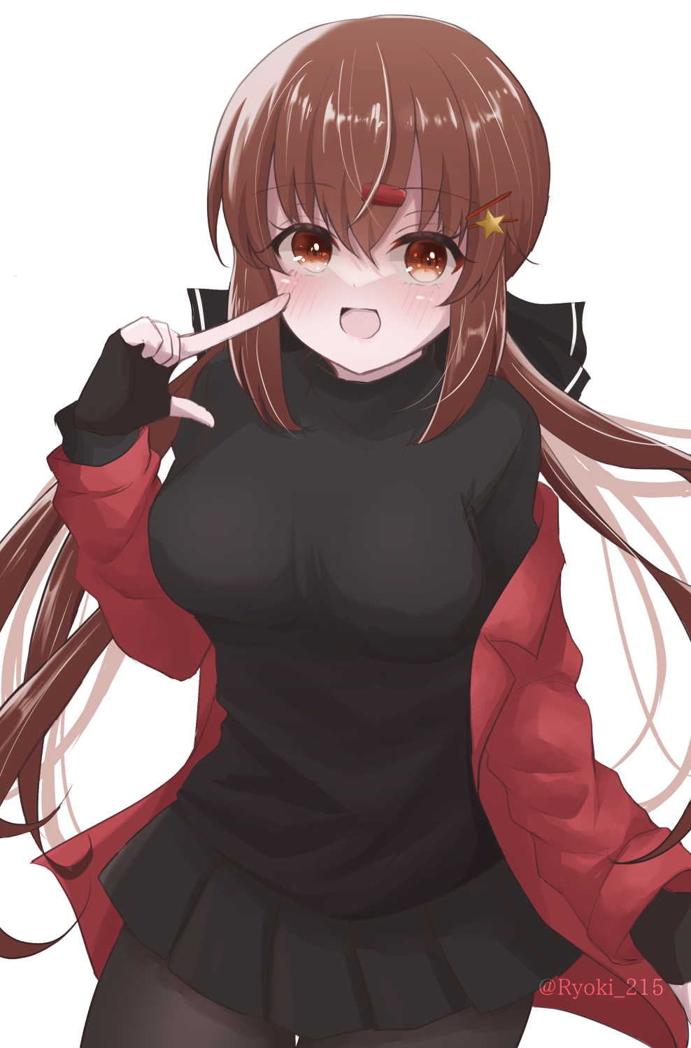 1girl :d black_bow black_gloves black_pantyhose black_skirt black_sweater bow breasts brown_eyes brown_hair finger_to_cheek fingerless_gloves gloves hair_bow hair_ornament hairclip highres jacket kantai_collection long_hair low_twintails medium_breasts pantyhose pleated_skirt red_jacket ryouki_(34388923) simple_background skirt smile solo sweater tashkent_(kancolle) twintails white_background