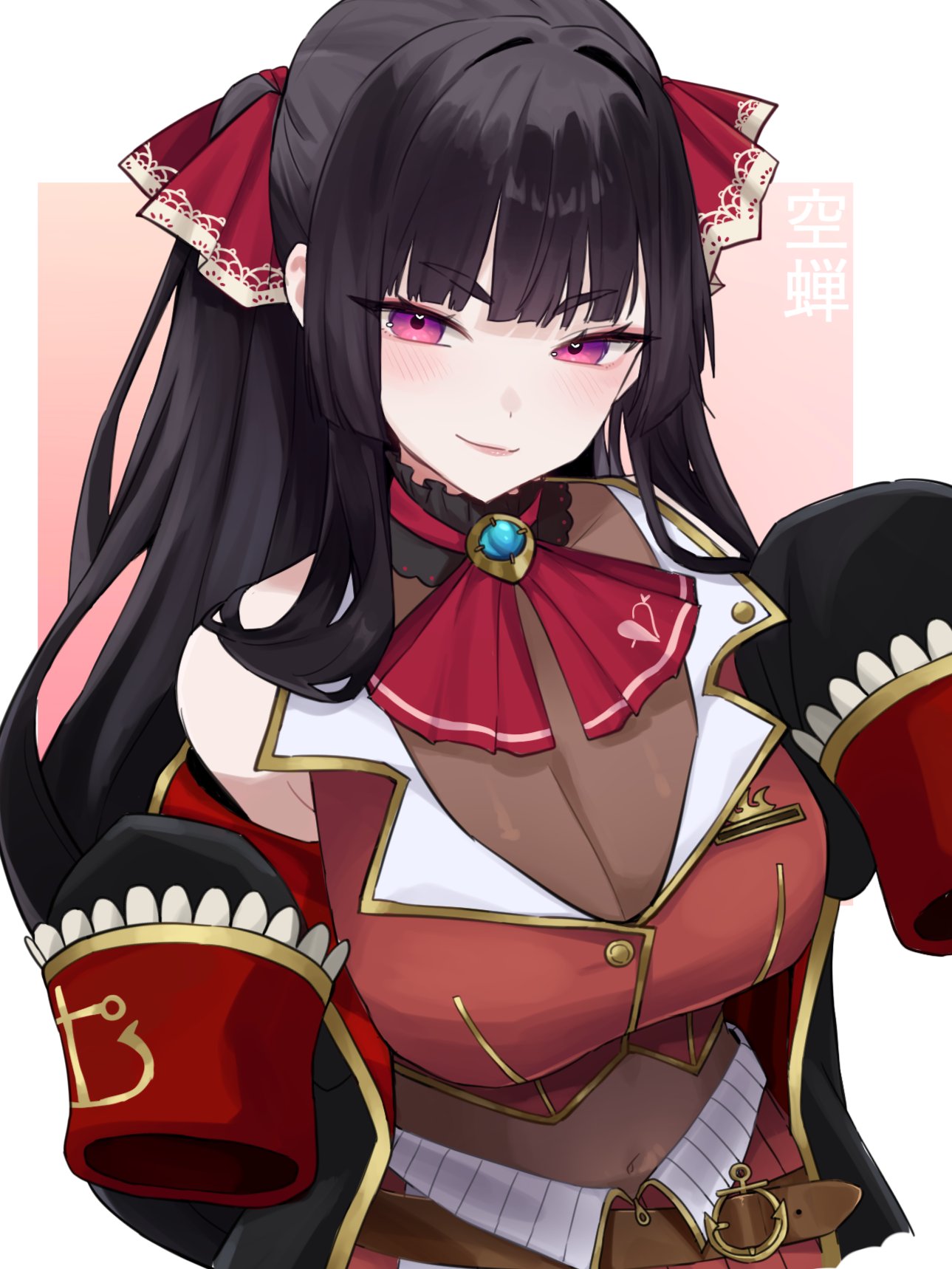 1girl ascot belt black_choker black_coat black_hair blush breasts brooch brown_belt choker cleavage closed_mouth coat commentary cosplay covered_navel cowboy_shot cropped_jacket english_commentary frilled_choker frilled_shirt_collar frills hair_intakes hair_ribbon highres hololive houshou_marine houshou_marine_(1st_costume) houshou_marine_(cosplay) huge_breasts jacket jewelry leather_belt leotard leotard_under_clothes long_hair looking_at_viewer off_shoulder open_clothes open_coat original project_moon purple_eyes red_ascot red_jacket red_ribbon ribbon saccharhythm simple_background sleeveless sleeveless_jacket sleeves_past_fingers sleeves_past_wrists smile solo standing very_long_hair