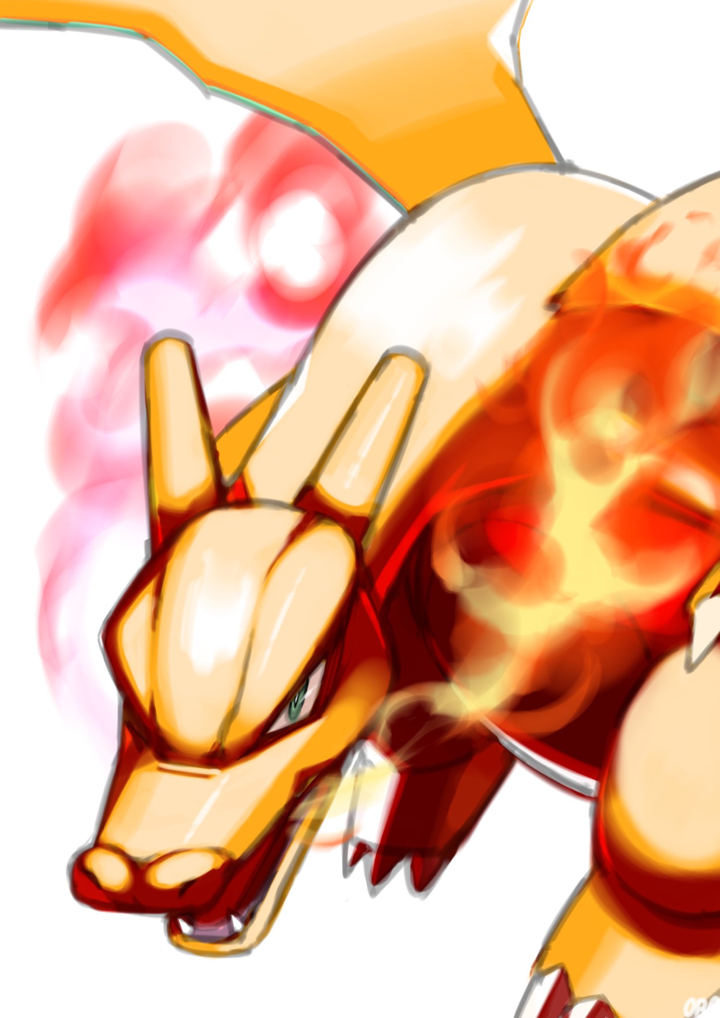 breath_weapon breathing_fire charizard claws commentary_request dragon fangs fire green_eyes highres horns no_humans ora_(oraora_oekaki) pokemon pokemon_(creature) solo white_background