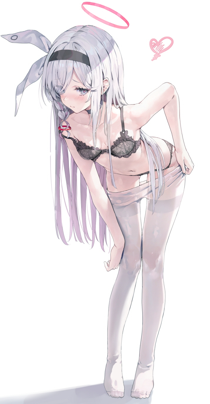 1girl black_bra black_hairband black_panties blue_archive blush bra closed_mouth clothes_pull commentary_request full_body grey_eyes hair_over_one_eye hairband halo highres huwari_(dnwls3010) korean_commentary leaning_forward long_hair nose_blush panties pantyhose pantyhose_around_legs pantyhose_pull pink_halo plana_(blue_archive) pulled_by_self simple_background soles solo standing underwear white_background white_hair white_pantyhose