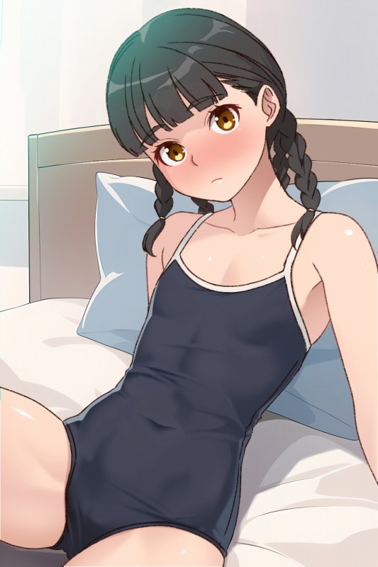 1girl bare_shoulders black_hair blush braid commentary_request covered_navel flat_chest looking_at_viewer on_bed one-piece_swimsuit original pillow quad_braids short_hair sitting solo swimsuit yellow_eyes yizumi