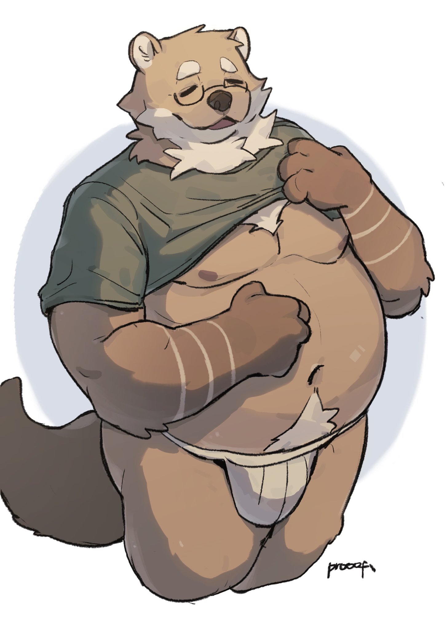 2024 anthro belly big_belly brown_body bulge clothed clothing clothing_lift eyes_closed eyewear glasses hi_res jockstrap kemono male mammal moobs mustelid navel nipples otter overweight overweight_male prooof_(artist) shirt shirt_lift simple_background solo topwear underwear