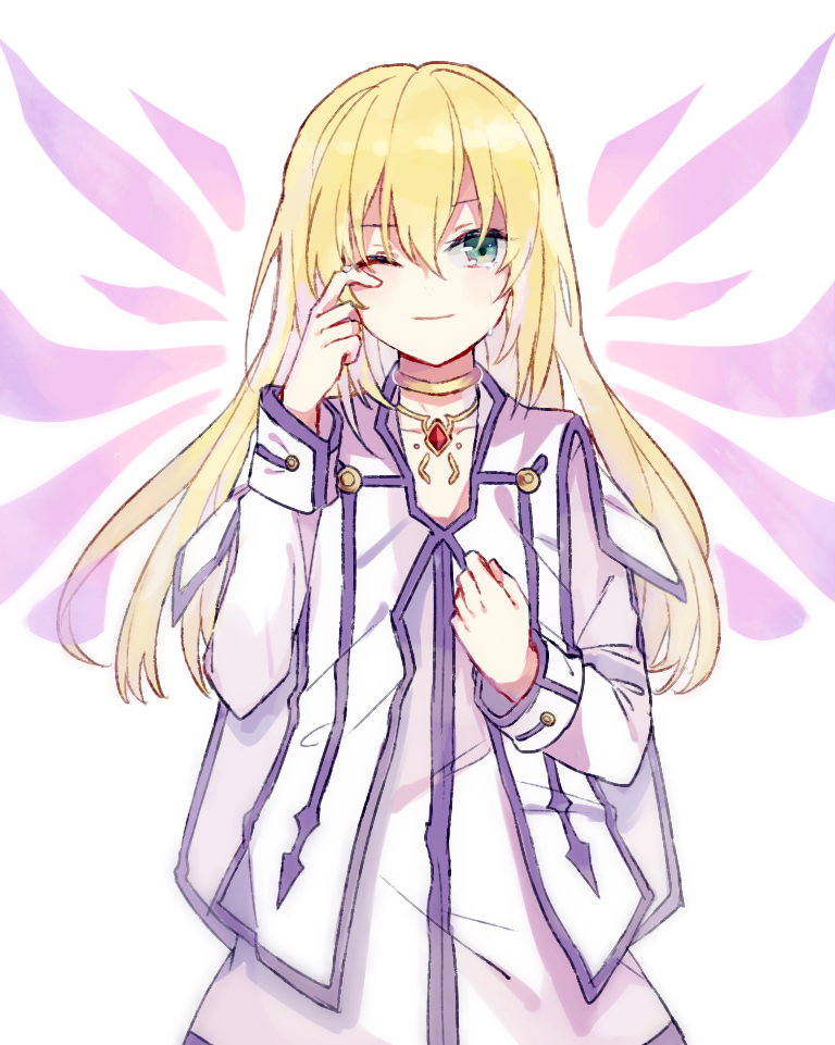 1girl blonde_hair choker collarbone collet_brunel crying crying_with_eyes_open dress floating_hair green_eyes long_hair long_sleeves looking_at_viewer one_eye_closed smile solo standing tales_of_(series) tales_of_symphonia tears white_background white_dress ye_(pixiv4862539)