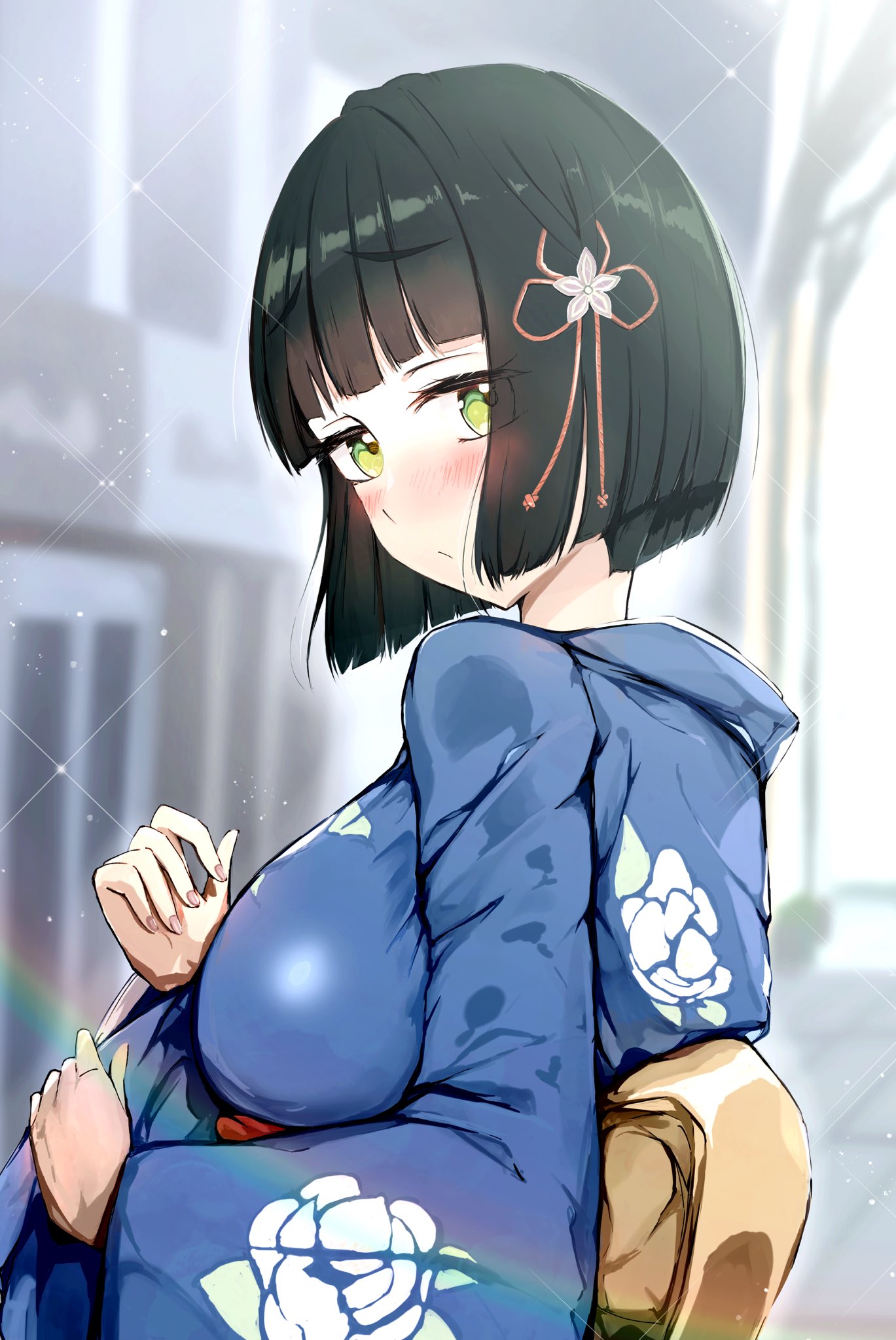 1girl :/ blue_kimono blunt_bangs blunt_ends blurry blurry_background blush breasts closed_mouth commentary_request floral_print_kimono flower green_eyes green_hair hair_flower hair_ornament hands_up highres japanese_clothes kimono large_breasts light_particles link!_like!_love_live! looking_at_viewer looking_back love_live! momose_ginko obi official_alternate_costume sash short_hair shouma_(1026syoma) solo sparkle upper_body virtual_youtuber yellow_sash