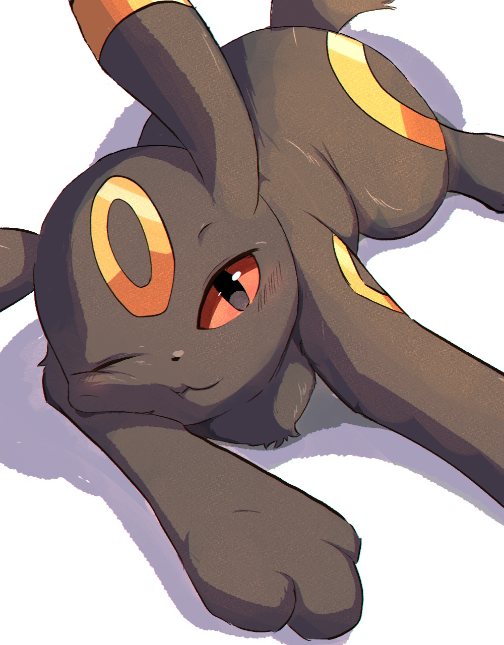 animal_ears animal_focus black_eyes black_fur colored_sclera facial_mark floameya fluffy forehead_mark highres looking_at_viewer lying no_humans one_eye_closed pokemon pokemon_(creature) red_sclera shadow simple_background solo tail two-tone_fur umbreon white_background