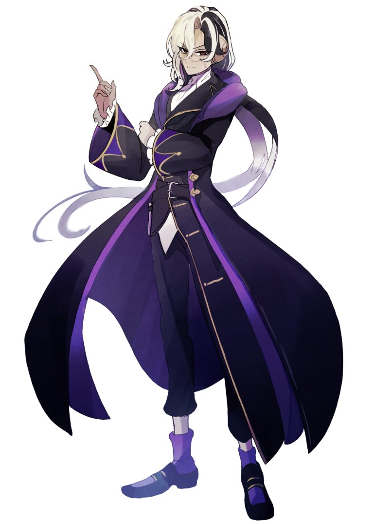 &gt;:) 1boy ashioka_kuraco bell_sleeves belt belt_buckle black_belt black_coat black_footwear black_hair black_jacket black_pants buckle coat curtained_hair dragalia_lost frilled_sleeves frills full_body glasses hair_between_eyes hand_on_own_arm hand_up headphones heinwald_(dragalia_lost) index_finger_raised jacket lapels long_coat long_hair long_sleeves looking_at_viewer low_ponytail male_focus mary_janes multicolored_hair notched_lapels pants pince-nez purple_socks shirt shoes socks solo standing stitched_face stitches streaked_hair two-tone_hair v-shaped_eyebrows very_long_hair white_hair white_shirt