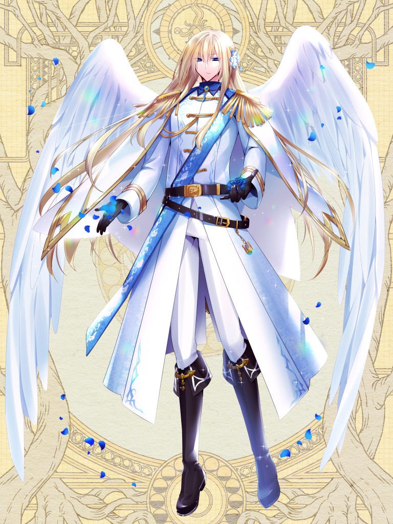 1boy angel_wings belt belt_buckle black_belt black_footwear black_gloves blonde_hair blue_eyes blue_flower blue_gemstone boots brooch buckle buttons cape closed_mouth coat dairoku_ryouhei double-breasted epaulettes expressionless falling_petals flower fold-over_boots gem gloves gold_trim hair_between_eyes hair_flower hair_ornament half-closed_eyes jewelry knee_boots long_hair long_sleeves open_hands pants petals ranuki restia_vayu sash shoulder_sash sleeve_cuffs solo white_cape white_coat white_pants white_wings wings yellow_background