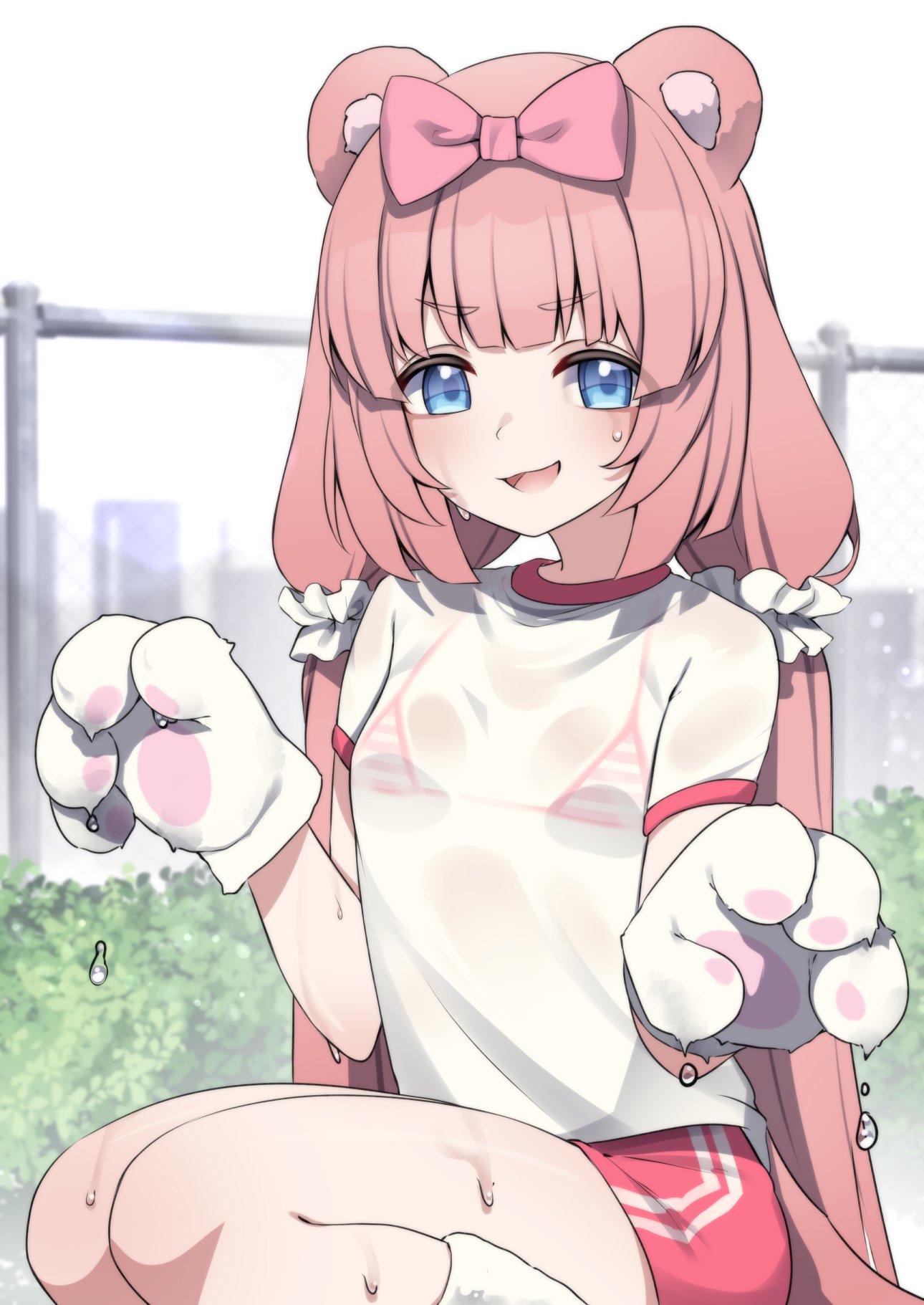 1girl animal_ears animal_hands bikini bikini_under_clothes blue_eyes bow chromu commission flat_chest gym_uniform hair_bow hair_ornament hair_scrunchie highres indie_virtual_youtuber long_hair low_twintails open_mouth pink_bow pink_hair pink_shorts scrunchie see-through see-through_shirt shirt shorts solo striped_bikini striped_clothes sweat swimsuit twintails valefal_coneri vgen_commission virtual_youtuber white_scrunchie white_shirt