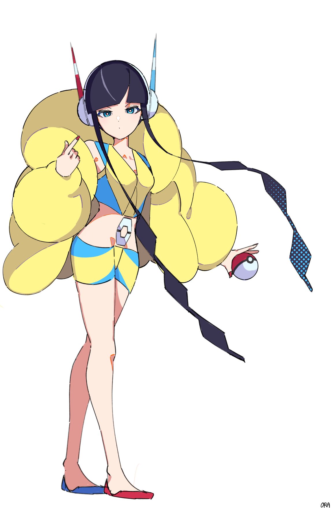 1girl asymmetrical_footwear bare_legs bike_shorts black_hair blunt_bangs buckle commentary_request elesa_(pokemon) flats full_body headphones highres holding holding_poke_ball jacket kanimaru long_sleeves nail_polish poke_ball poke_ball_(basic) pokemon pokemon_bw2 sidelocks simple_background solo standing white_background yellow_jacket