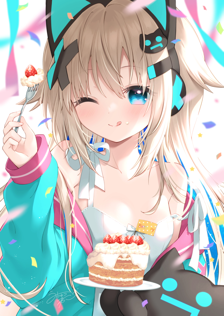 1girl ;q animal_ear_headphones animal_ears bare_shoulders blonde_hair blue_eyes blue_hair blue_jacket blurry blurry_background blurry_foreground blush breasts cake cat_ear_headphones closed_mouth collarbone commentary_request confetti depth_of_field dress fake_animal_ears food food_on_face fruit hair_between_eyes hair_ornament hand_up headphones holding holding_food indie_virtual_youtuber jacket long_hair long_sleeves looking_at_viewer multicolored_hair off_shoulder one_eye_closed open_clothes open_jacket puffy_long_sleeves puffy_sleeves simple_background sleeves_past_wrists small_breasts smile solo strap_slip strawberry streamers tongue tongue_out two-tone_hair uchuuneko uchuuneko_(vtuber) very_long_hair virtual_youtuber white_background white_dress x_hair_ornament