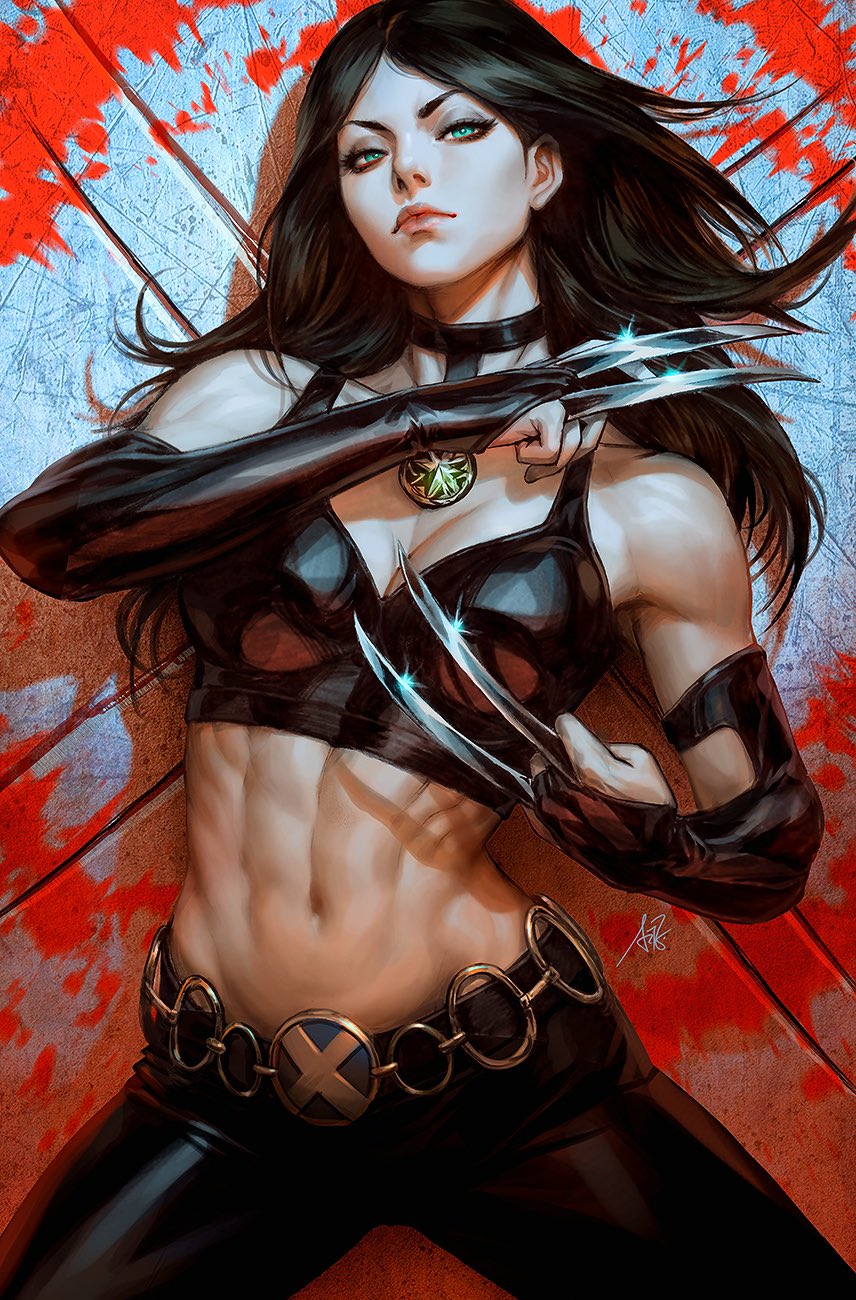 1girl abs biceps breasts bridal_gauntlets chain_belt claw_(weapon) claw_mark cleavage crop_top green_eyes highres laura_kinney leather leather_pants looking_at_viewer marvel muscular muscular_female navel pants solo stanley_lau stomach weapon x-23 x-men