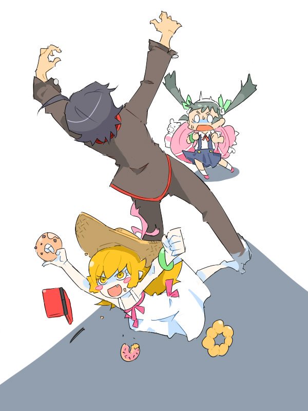 0_0 1boy 2girls ^^^ ahoge araragi_koyomi arms_up backpack bag black_hair blonde_hair blue_skirt blush_stickers bracelet brown_jacket brown_pants doughnut dress facing_away fang food food_on_face full_body hachikuji_mayoi hairband handheld_game_console hat holding_doughnut holding_strap jacket jewelry jibakurei_(elite_unchi) long_hair long_sleeves monogatari_(series) multiple_girls nintendo_ds open_mouth oshino_shinobu pale_skin pants school_uniform shaded_face shadow shirt short_hair short_sleeves shoulder_strap simple_background skirt sleeveless sleeveless_dress spaghetti_strap standing straw_hat sun_hat sundress suspender_skirt suspenders sweat twintails v-shaped_eyebrows white_background white_dress white_hairband white_shirt yellow_eyes