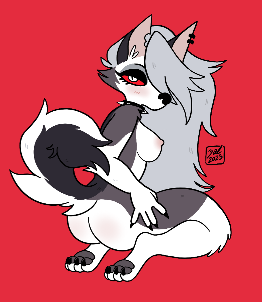 2023 4_toes 5_fingers anthro areola black_nose blush breasts butt canid canid_demon canine collar collar_only dated demon digital_media_(artwork) ear_piercing ear_ring eyebrows eyelashes feet female fingers fur grey_body grey_fur grey_hair grey_pawpads hair hair_over_eye half-closed_eyes hand_on_leg hand_on_thigh hellhound helluva_boss inner_ear_fluff long_hair looking_at_viewer looking_back looking_back_at_viewer loona_(helluva_boss) mammal medium_breasts multicolored_body multicolored_fur mythological_canine mythological_creature mythology narrowed_eyes nipples nude one_eye_obstructed pawpads piercing pink_areola pink_nipples pupils raised_tail rear_view red_background red_sclera ring_piercing signature simple_background sitting slit_pupils snout solo spiked_collar spikes tail three-quarter_view toes tuft wariza white_body white_eyes white_fur zal-cryptid