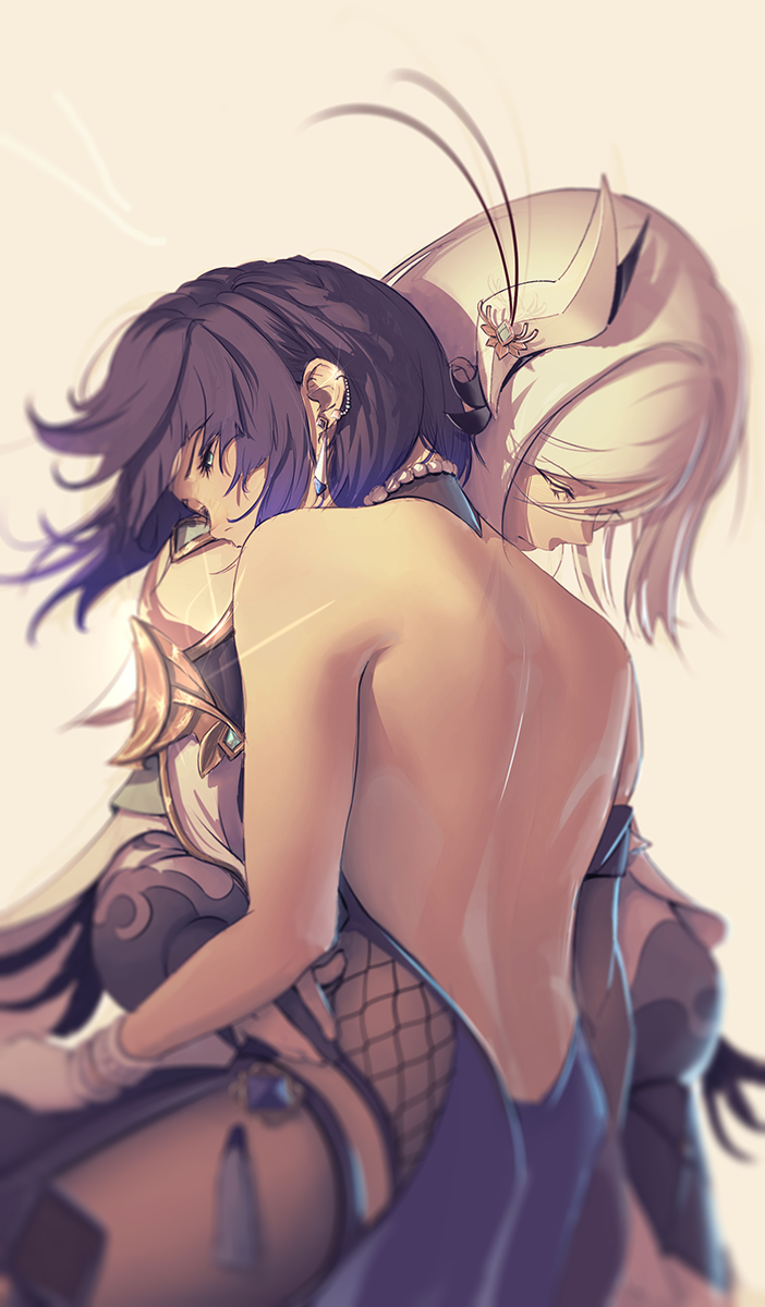 2girls back backless_dress backless_outfit bare_arms closed_eyes closed_mouth dress earrings genshin_impact gloves hair_ornament half-closed_eyes hand_on_another's_waist head_on_another's_shoulder highres hug jewelry ker0nit0 multiple_girls purple_hair shenhe_(genshin_impact) short_hair simple_background white_gloves white_hair yelan_(genshin_impact) yellow_background yuri