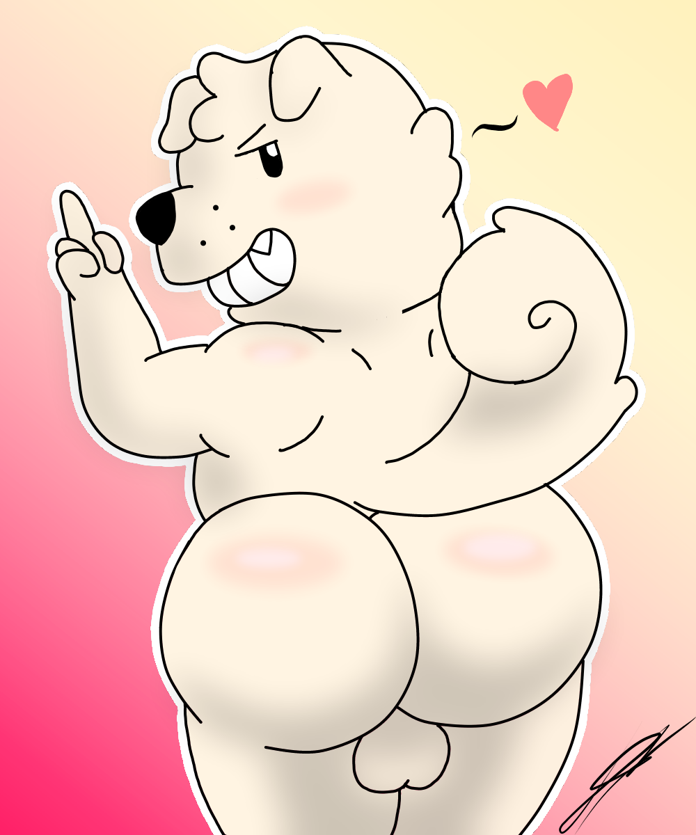 anthro balls big_butt blush butt canid canine curled_tail d13w0tt_(artist) flirting_look fur genitals gesture hand_gesture heart_symbol hi_res looking_back male mammal middle_finger nude slightly_chubby smile solo tail terrence_(ugly-rat15508) thick_thighs white_body white_fur