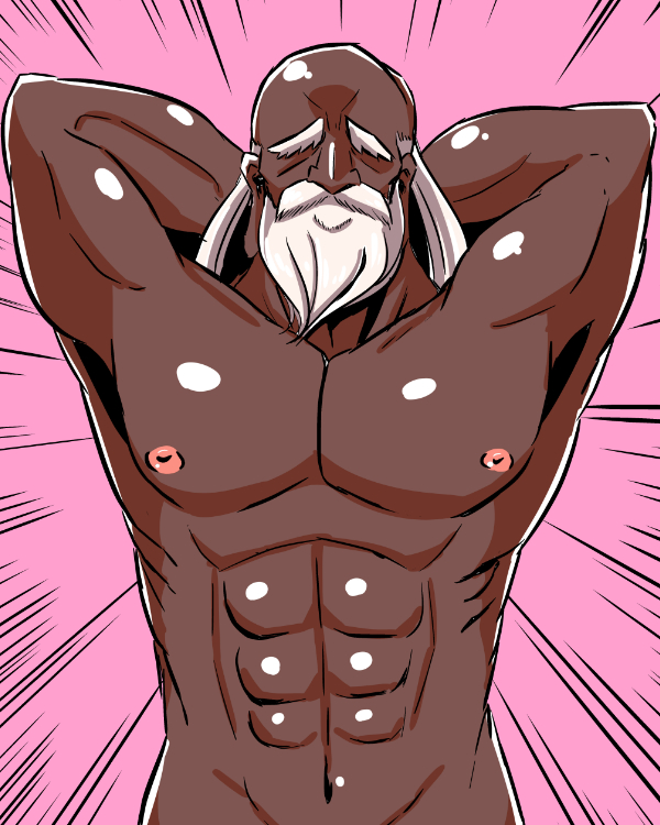 1boy abs april_fools armpits arms_behind_head arms_up beard dark-skinned_male dark_skin emphasis_lines facial_hair facing_viewer monk_3_(sekaiju) mustache naga_u navel nude out-of-frame_censoring pink_background sekaiju_no_meikyuu simple_background upper_body white_hair