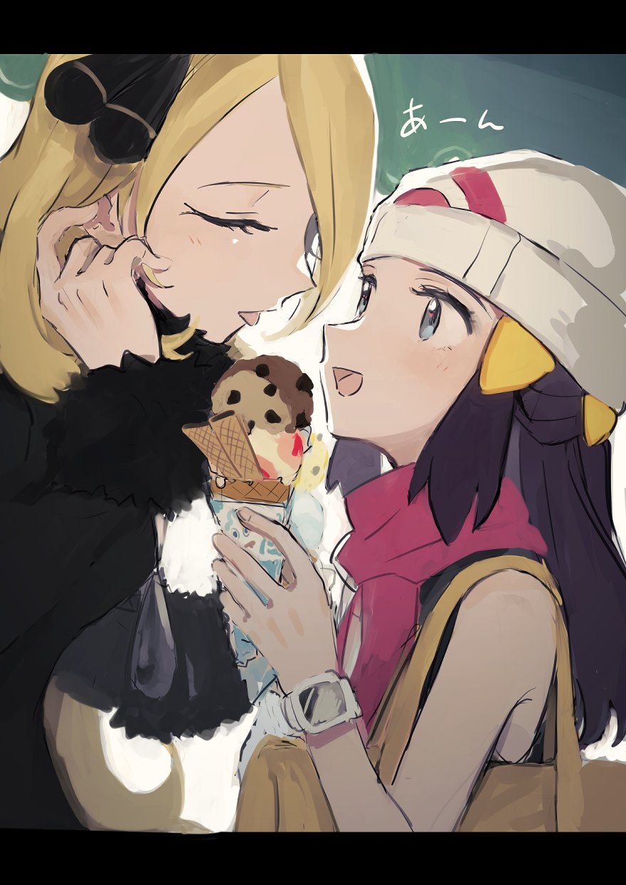 2girls bag black_coat black_dress black_hair blonde_hair chikiso coat cynthia_(pokemon) dawn_(pokemon) dress food hair_ornament hairclip hat highres holding holding_food holding_ice_cream holding_ice_cream_cone ice_cream ice_cream_cone looking_at_another multiple_girls open_mouth pokemon pokemon_dppt poketch scarf sharing_food shoulder_bag sleeveless sleeveless_dress tongue tongue_out upper_body watch white_hat wristwatch yuri