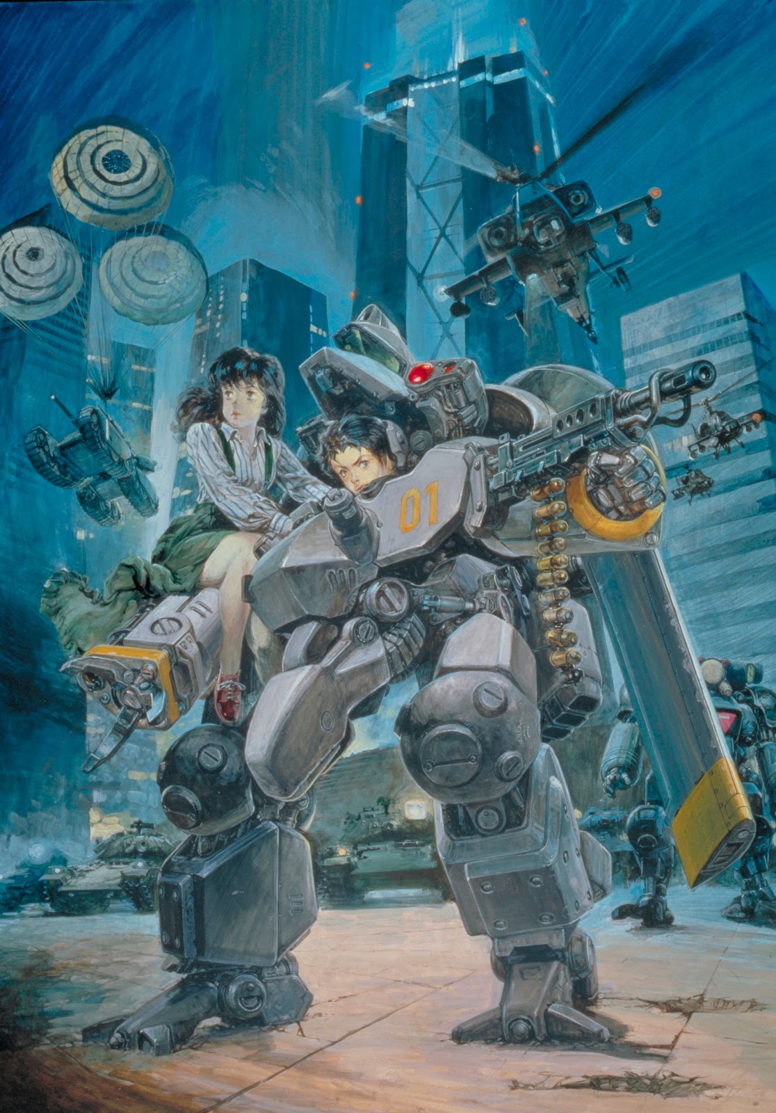 1980s_(style) 1boy 1girl aircraft armor armored_vehicle building cannon character_request cityscape cyberpunk damaged dirty gun helicopter highres machine_gun madox-01 mecha metal_skin_panic_madox-01 military_vehicle motor_vehicle official_art parachute police power_armor production_art promotional_art realistic retro_artstyle robot scan takani_yoshiyuki tank traditional_media turret weapon