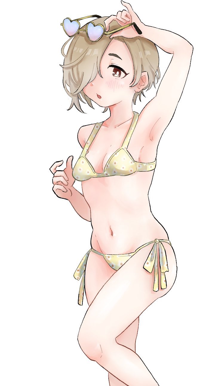 1girl aqua-skybirds arm_up armpits bare_shoulders bikini blonde_hair blush breasts cleavage collarbone eyewear_on_head flat_chest from_side hair_over_one_eye heart heart-shaped_eyewear highres idolmaster idolmaster_cinderella_girls idolmaster_cinderella_girls_starlight_stage looking_at_viewer navel open_mouth polka_dot polka_dot_bikini red_eyes shirasaka_koume short_hair side-tie_bikini_bottom simple_background solo standing sunglasses swimsuit white_background yellow_bikini