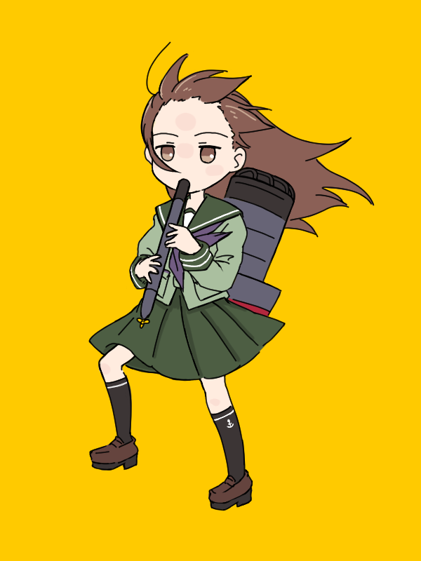 1girl black_socks brown_eyes brown_footwear brown_hair flute forehead_blush green_sailor_collar green_serafuku green_skirt holding holding_instrument instrument junk_life kantai_collection kyoufuu_all_back_(vocaloid) loafers long_hair long_sleeves ooi_(kancolle) pleated_skirt recorder sailor_collar school_uniform serafuku shoes simple_background skirt socks solo yellow_background