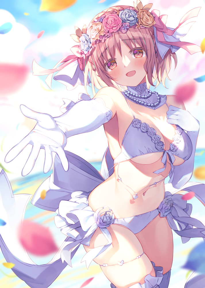 1girl armpits bare_shoulders bead_necklace beads blurry bra breasts brown_hair bucchake_(asami) cowboy_shot date_a_live depth_of_field detached_collar elbow_gloves gloves hand_on_own_chest head_wreath jewelry large_breasts looking_at_viewer navel necklace open_mouth outstretched_arm panties petals red_eyes short_hair showgirl_skirt skindentation smile solo sonogami_rinne standing stomach string_bra thigh_strap thighhighs thighs underboob underwear white_bra white_gloves white_panties white_thighhighs