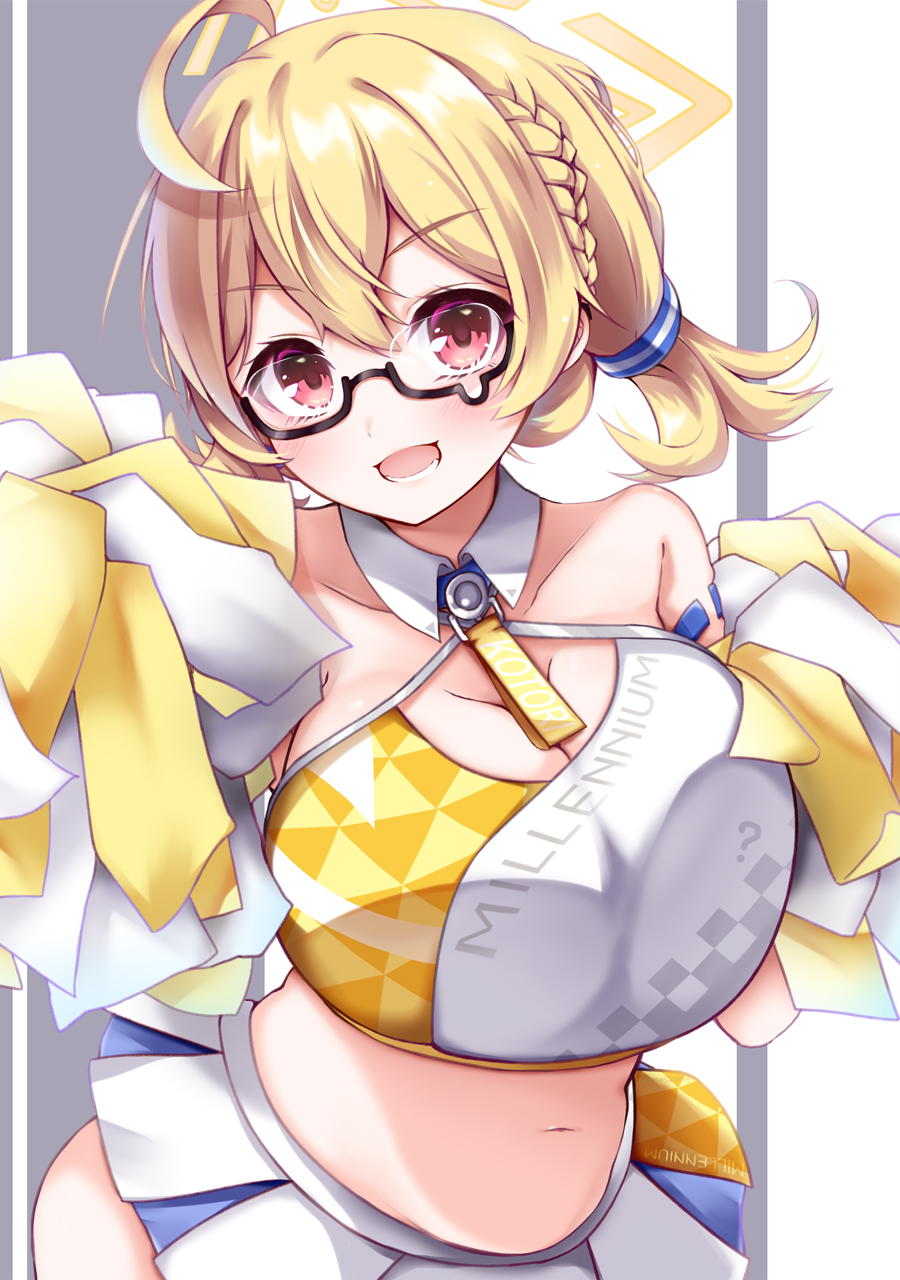 1girl ahoge black-framed_eyewear blonde_hair blue_archive breasts cleavage collar detached_collar glasses halo highres holding holding_pom_poms kotori_(blue_archive) kotori_(cheer_squad)_(blue_archive) kyouno_komatsu large_breasts looking_at_viewer medium_hair millennium_cheerleader_outfit_(blue_archive) official_alternate_costume open_mouth pom_pom_(cheerleading) red_eyes short_twintails skirt solo twintails white_collar white_skirt yellow_halo