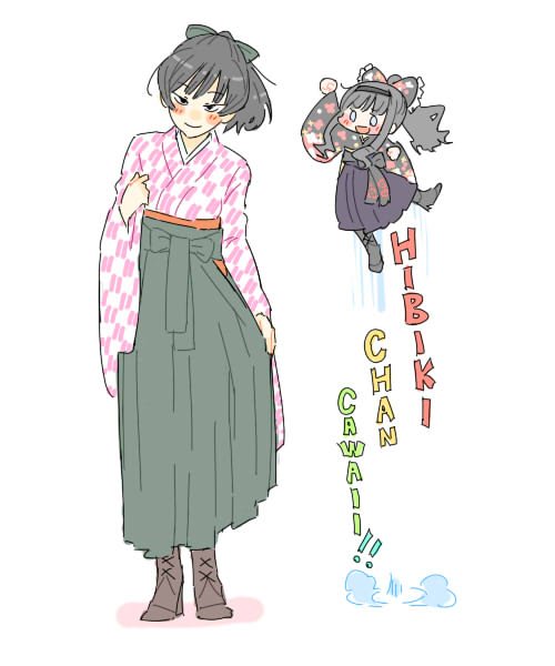 2girls alternate_costume amagami black_eyes black_footwear black_hair black_hairband black_kimono blush boots bow brown_footwear chibi clenched_hands closed_mouth cross-laced_footwear floral_print_kimono green_bow green_hakama grey_eyes hair_bow hairband hakama hakama_skirt japanese_clothes jibakurei_(elite_unchi) jumping kimono leaning_to_the_side long_skirt long_sleeves looking_at_viewer midair morishima_haruka motion_lines multiple_girls open_mouth pink_kimono ponytail print_kimono purple_hakama raised_fist romaji_text short_hair short_kimono sidelocks skirt skirt_hold smile solid_oval_eyes standing taishou translation_request tsukahara_hibiki wide_sleeves yagasuri