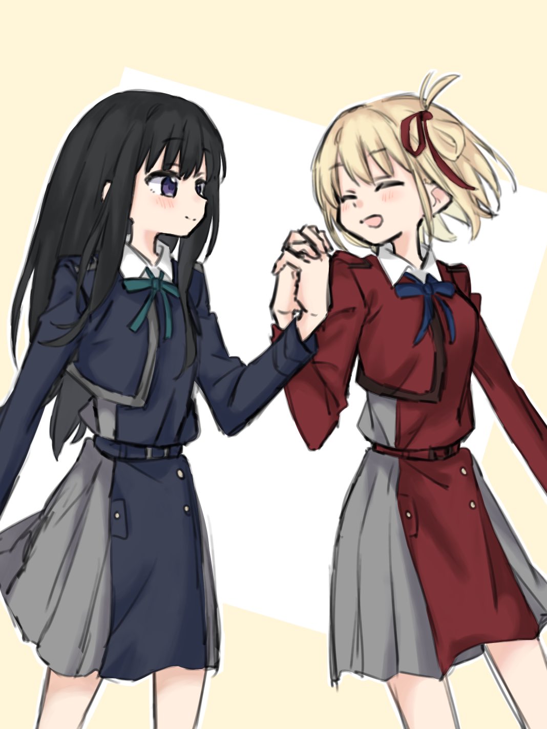 2girls black_hair blonde_hair blue_dress blue_ribbon blush closed_mouth collared_dress commentary_request cowboy_shot dress green_ribbon hair_ribbon highres holding_hands inoue_takina interlocked_fingers long_hair long_sleeves looking_at_another lycoris_recoil lycoris_uniform medium_hair multiple_girls neck_ribbon nishikigi_chisato one_side_up purple_eyes red_ribbon ribbon smile syonosuke9573 two-tone_background white_background yellow_background yuri