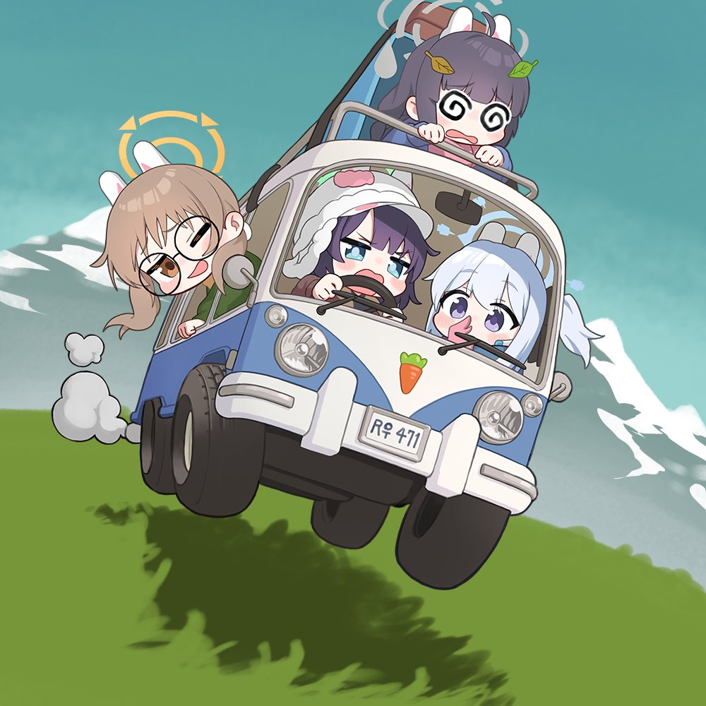 4girls @_@ alternate_costume animal_ears black_hair blue_archive brown_eyes brown_hair cheenack chibi commentary day driving fake_animal_ears glasses halo hat leaf leaf_on_head long_hair long_sleeves miyako_(blue_archive) miyu_(blue_archive) moe_(blue_archive) motor_vehicle mountain multiple_girls one_eye_closed one_side_up open_mouth outdoors purple_hair rabbit_ears rabbit_platoon_(blue_archive) round_eyewear saki_(blue_archive) short_hair sky smoke symbol-only_commentary van white_hat