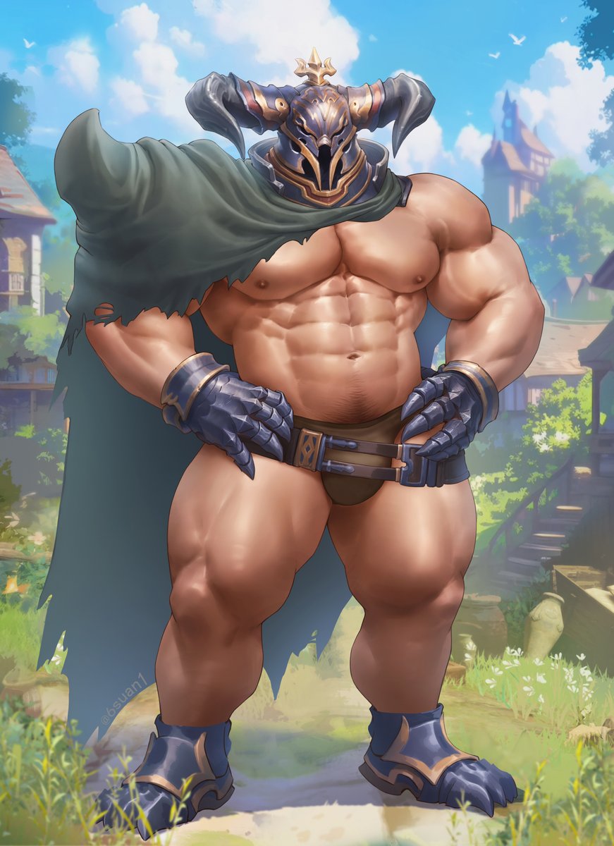 1boy 6suan abs armor armored_boots bara bare_pectorals boots brown_male_underwear bulge cloud dark-skinned_male dark_skin day draph full_body gauntlets granblue_fantasy grass greaves helmet highres horns large_pectorals male_focus male_underwear muscular muscular_male outdoors pectorals sky solo standing subtitled thick_thighs thighs underwear vaseraga