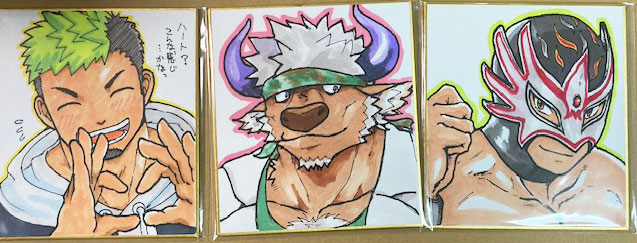 3boys animal_ears ayumitsu_au32 bara black_hair blush brown_fur cow_ears cow_horns dark-skinned_male dark_skin facial_hair furry furry_male goatee green_hair heart heart_hands horns ikusaba_daisuke male_focus minotaur multicolored_hair multiple_boys muscular muscular_male original photo_(medium) portrait purple_horns shennong_(housamo) shikishi short_hair thick_eyebrows tokyo_afterschool_summoners two-tone_hair white_hair