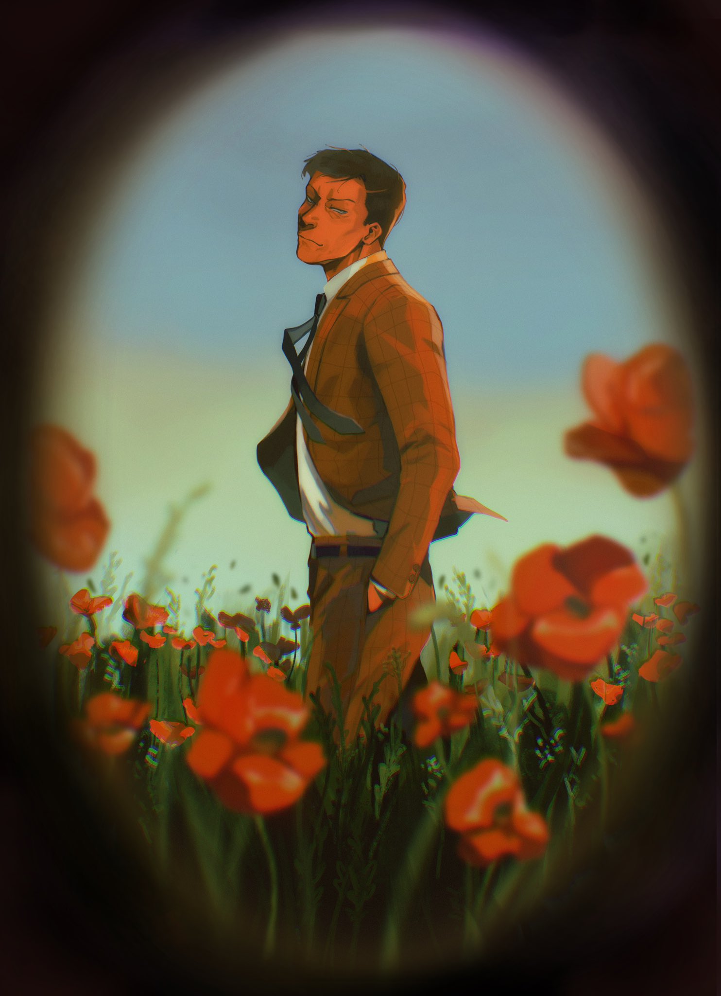 1boy black_hair black_necktie blue_sky brown_suit expressionless field floating_neckwear flower flower_field hand_in_pocket highres jacket looking_at_viewer male_focus maririnbo necktie open_clothes open_jacket osomatsu-kun poppy_(flower) pov_peephole sky suit tougou_(osomatsu-kun) wind