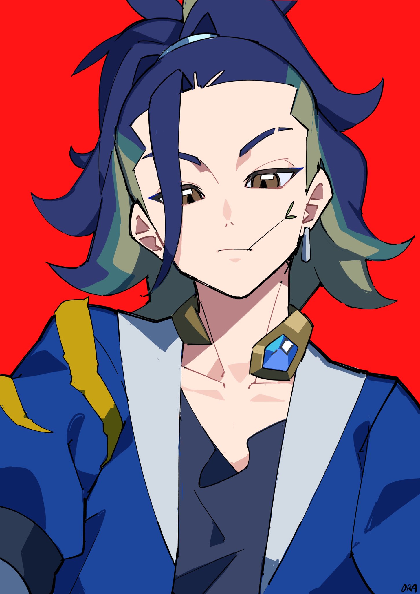 1boy adaman_(pokemon) blue_coat blue_hair brown_eyes closed_mouth coat collarbone commentary_request eyebrow_cut highres jewelry loose_hair_strand male_focus mouth_hold neck_ring open_clothes open_coat ora_(oraora_oekaki) pokemon pokemon_legends:_arceus ponytail red_background shirt simple_background solo stalk_in_mouth upper_body