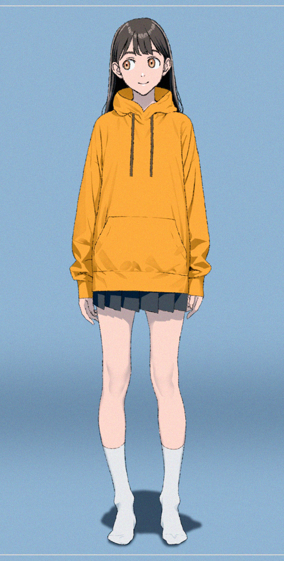 1girl black_hair black_skirt brown_eyes full_body hood hoodie ishihama_masashi long_hair looking_to_the_side miniskirt no_shoes orange_hoodie original pleated_skirt skirt smile socks solo standing white_socks