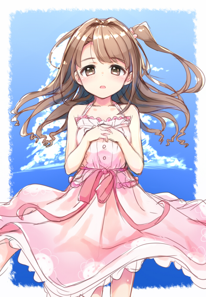 1girl bare_shoulders blue_background blue_sky blush breasts brown_eyes brown_hair cloud cloudy_sky collarbone cowboy_shot dot_nose dress floating_hair forehead frilled_dress frills hands_on_own_chest idolmaster idolmaster_cinderella_girls kuresuku_(lessons) long_hair open_mouth outside_border own_hands_together pink_dress pink_ribbon ribbon shimamura_uzuki side_ponytail sky sleeveless small_breasts solo spaghetti_strap straight-on straight_hair waist_ribbon wind wind_lift