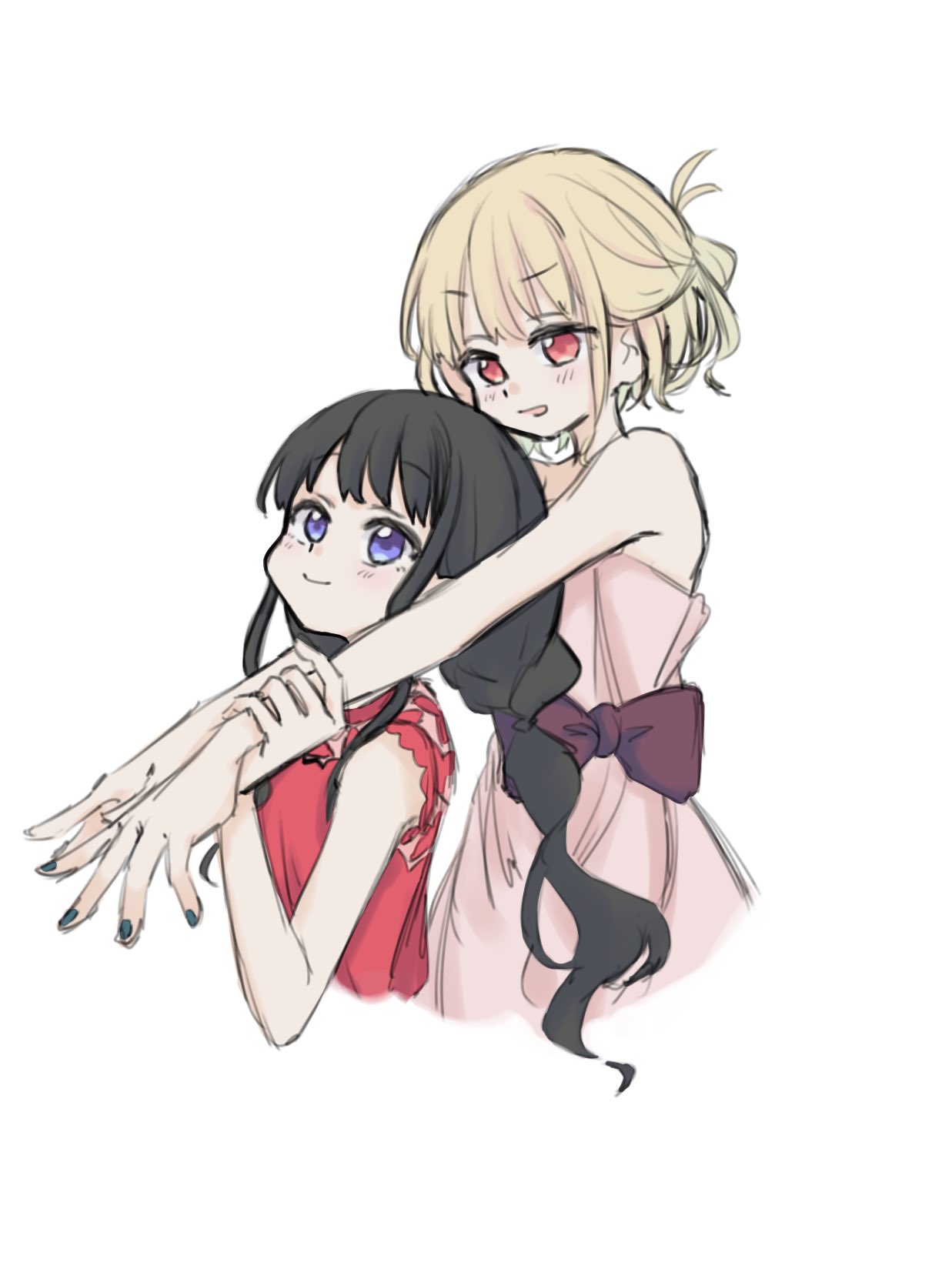 2girls black_hair blonde_hair blush bow closed_mouth commentary_request cropped_torso dress green_nails hair_up hand_on_another's_wrist highres hug hug_from_behind inoue_takina long_hair looking_at_another lycoris_recoil multiple_girls nishikigi_chisato open_mouth pink_dress purple_bow purple_eyes red_dress red_eyes simple_background sleeveless sleeveless_dress smile strapless strapless_dress syonosuke9573 white_background yuri