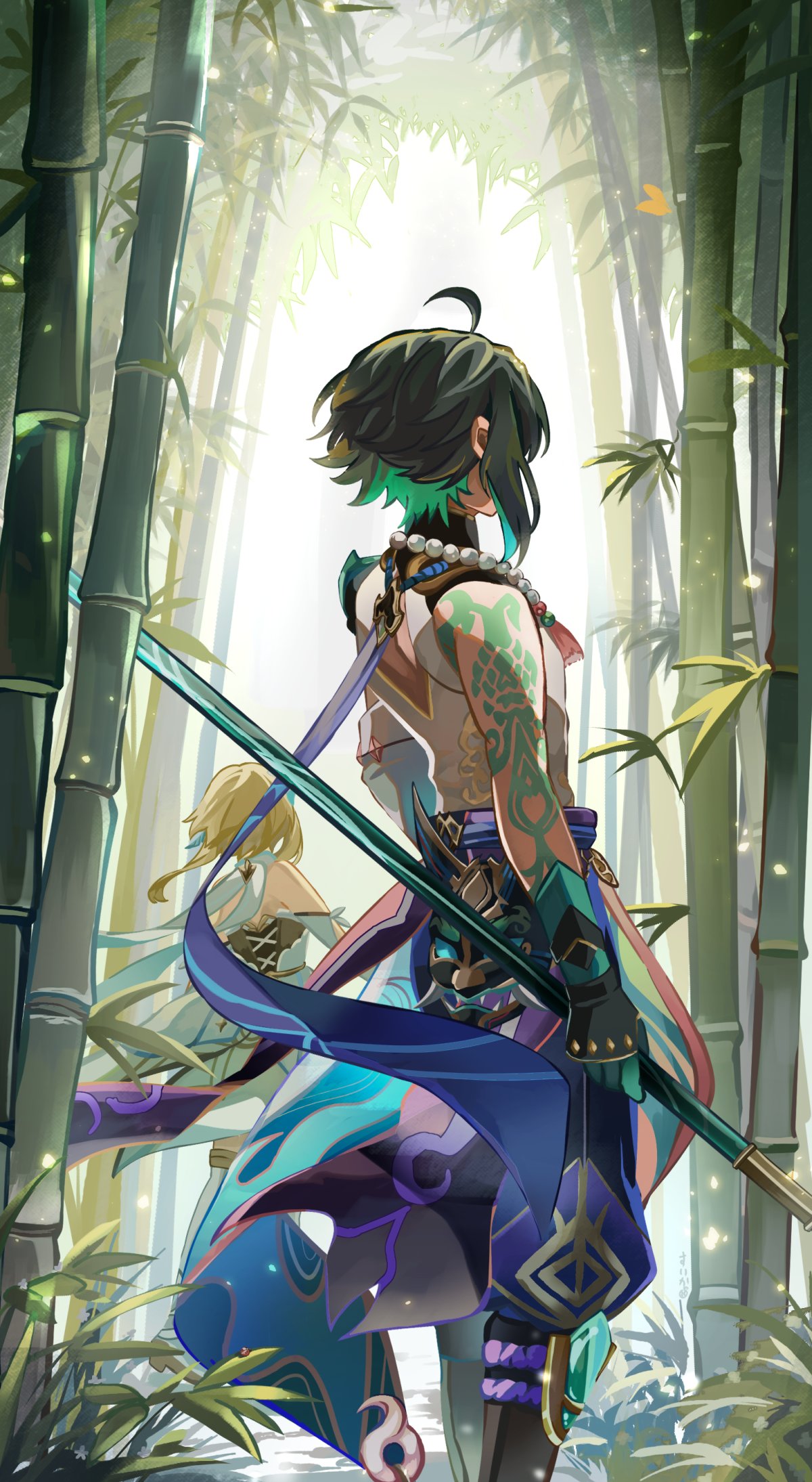 1boy 1girl ahoge aqua_gemstone aqua_gloves arm_tattoo armor back baggy_pants bamboo bamboo_forest bare_shoulders belt black_footwear black_hair black_mask blonde_hair blue_belt blue_flower blue_hair blue_pants boots day detached_sleeves dress feather_hair_ornament feathers flower forest gem genshin_impact gloves gold_trim green_hair hair_flower hair_ornament highres holding holding_weapon jewelry leaf long_sleeves lumine_(genshin_impact) mandarin_collar mask multicolored_hair nature necklace outdoors pants pearl_necklace primordial_jade_winged-spear_(genshin_impact) shirt short_hair shoulder_armor sidelocks single_bare_shoulder single_detached_sleeve sky sleeveless sleeveless_shirt standing suika_(rios151794) tassel tattoo thigh_boots two-tone_hair weapon white_dress white_footwear white_shirt white_sky wide_sleeves xiao_(genshin_impact)