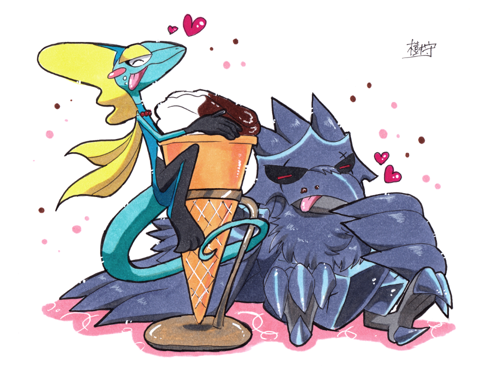 corviknight eating heart ice_cream_cone inteleon kimori_mfkayj no_humans pokemon pokemon_(creature) red_eyes sitting tongue tongue_out