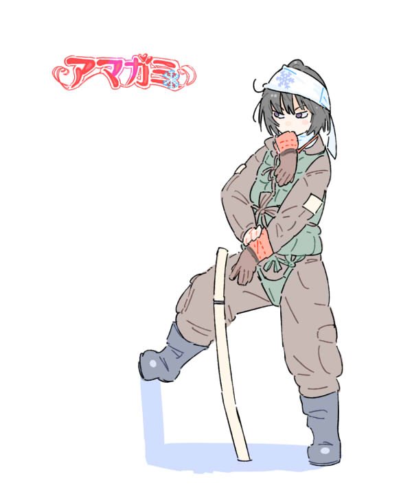 1girl alternate_costume amagami black_eyes black_footwear black_hair boots brown_gloves brown_jumpsuit copyright_name foot_against_wall full_body glove_in_mouth gloves guntou hachimaki harness headband imperial_japanese_navy jibakurei_(elite_unchi) jumpsuit kamikaze_pilot katana life_vest long_sleeves mouth_hold nanasaki_ai pilot_suit pilot_uniform putting_on_gloves serious sheath sheathed shirasaya short_hair simple_background solo standing standing_on_one_leg sword v-shaped_eyebrows weapon white_background white_headband world_war_ii