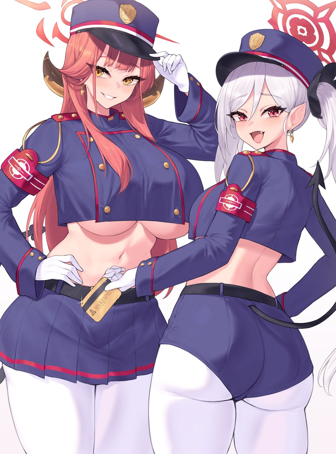 2girls :d adjusting_clothes adjusting_headwear arm_up armband aru_(blue_archive) ass belt blue_archive blue_shorts blue_skirt breasts commentary cosplay cowboy_shot crop_top cropped_jacket demon_tail earrings from_behind gloves grin hair_between_eyes hat highres hikari_(blue_archive) hikari_(blue_archive)_(cosplay) horns jewelry kuavera long_hair long_sleeves looking_at_viewer midriff miniskirt multiple_girls mutsuki_(blue_archive) navel nozomi_(blue_archive) nozomi_(blue_archive)_(cosplay) open_mouth pantyhose peaked_cap pink_hair pleated_skirt pointy_ears raised_eyebrows short_shorts shorts sidelocks simple_background skirt smile standing stomach tail thighs twintails underboob very_long_hair white_background white_gloves white_hair white_pantyhose yellow_eyes